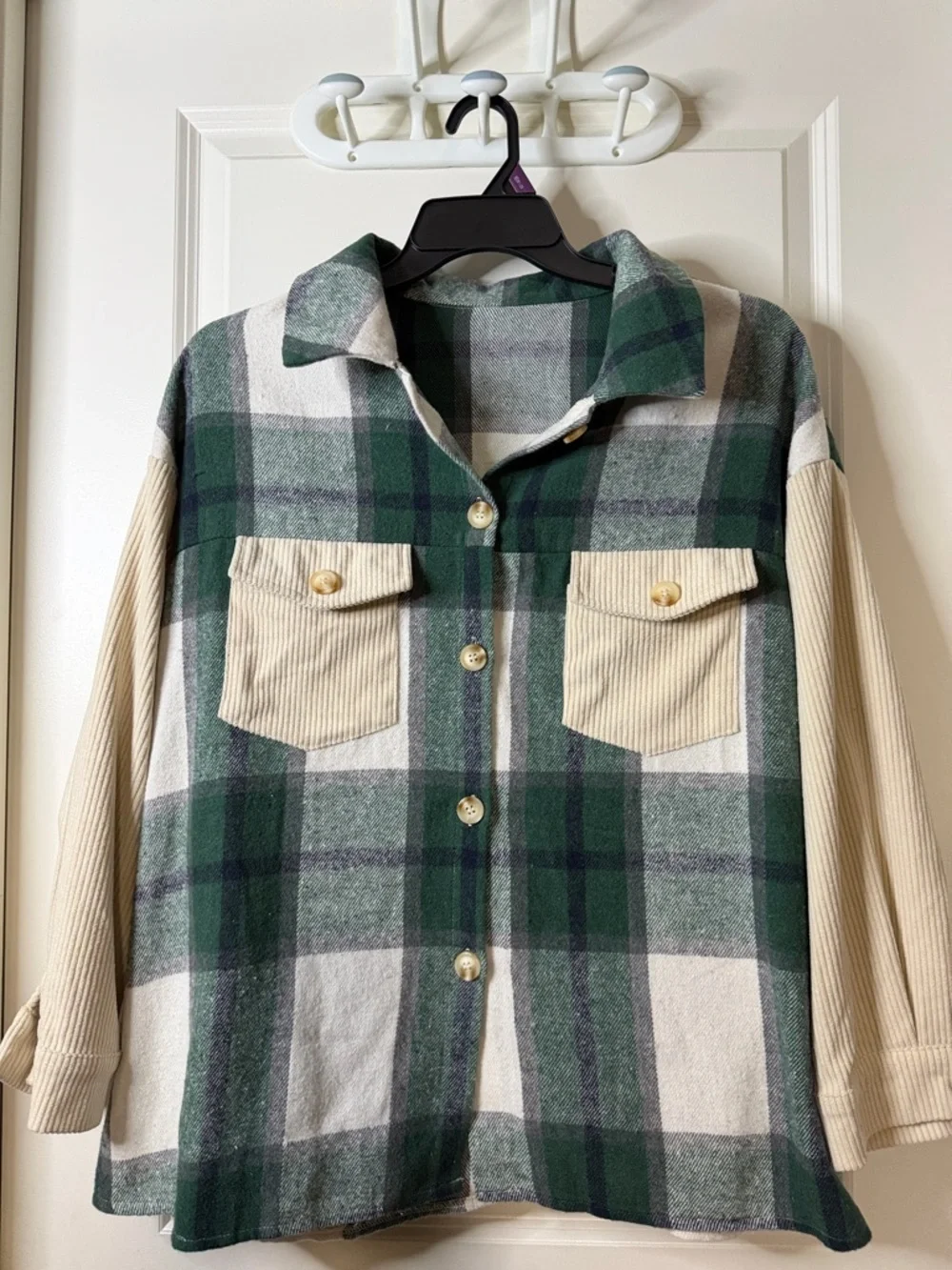 SHEIN Green, Cream and Gray Plaid Corduroy-Sleeve Button-Down Shacket - Picture 1 of 7